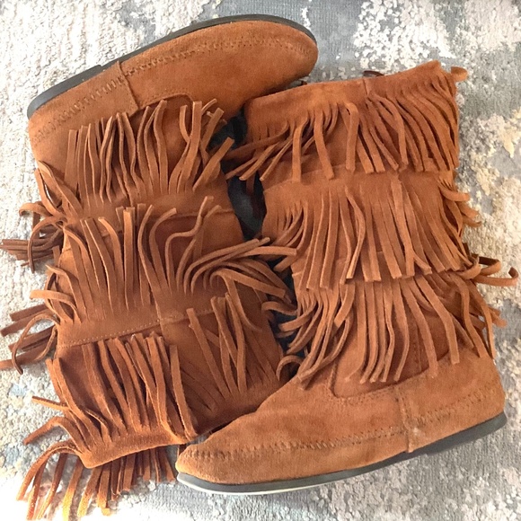Brown Suede Western Boho Moccasin 3-Layer Fringe Boots Sz 9 - Picture 14 of 16